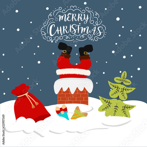 Santa Claus stuck in the chimney. The concept of Merry Christmas. Vector illustration in cartoon style.