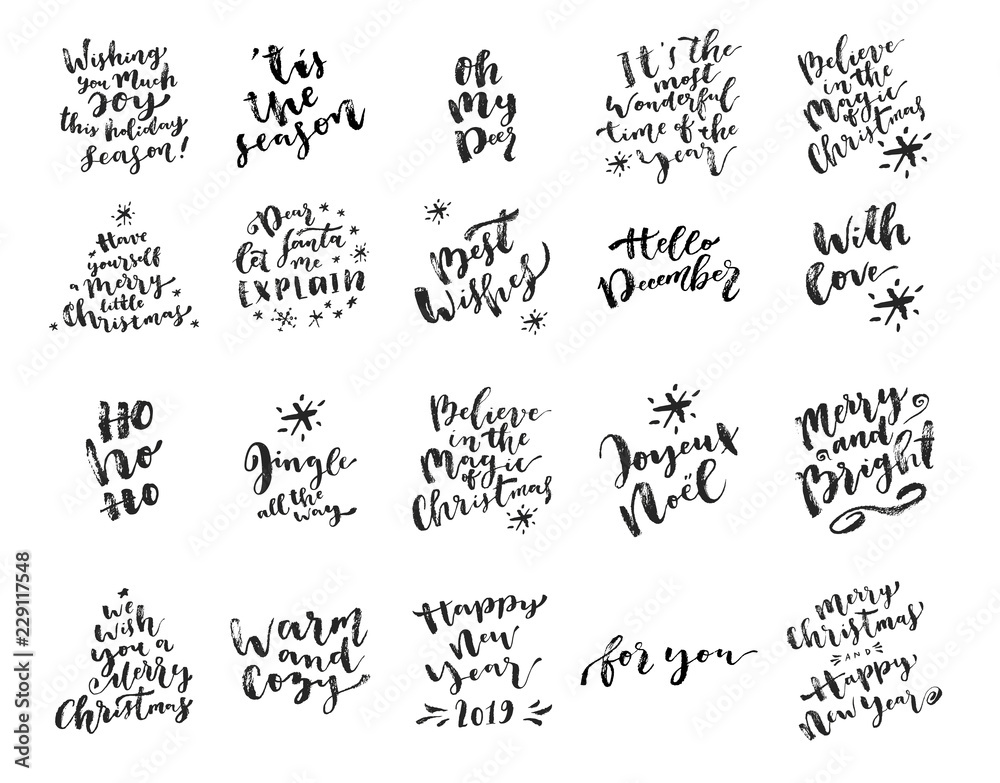 Set of Merry Christmas and Happy New Year calligraphic phrases