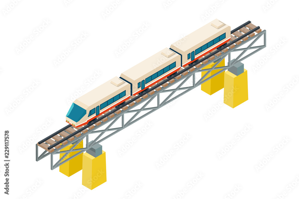 Isometric railroad train on railway rails on piles flat design vector illustration Isometric railroad train on railway rails on piles flat design vector illustration