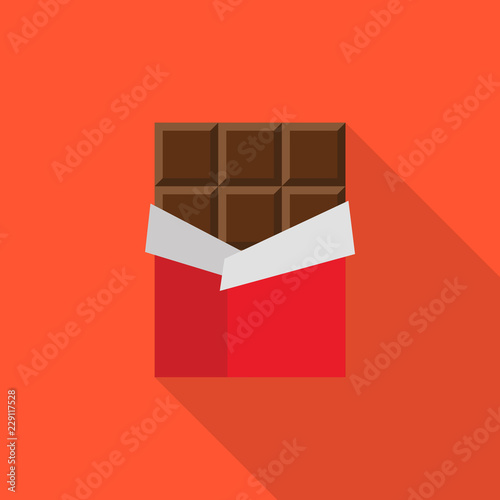 Opened Chocolate bar in a red wrapper flat icon with long shadow isolated on orange background. Simple chocolate in flat style, vector illustration.