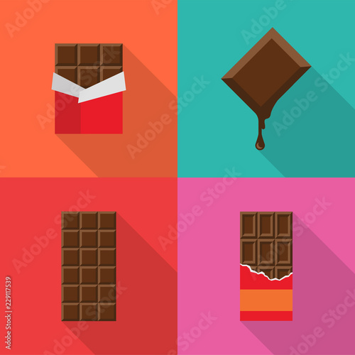 Set of chocolate bars flat icons with long shadow isolated on colorful background. Simple chocolate in flat style. Vector sign symbol.