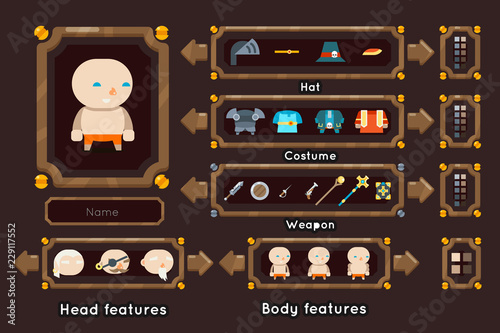 Fantasy game character generation interface weapons screen concept adventurer RPG flat design magic fairy tail template vector illustration