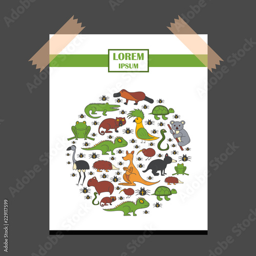 Vector cartoon illustration with hand drawn australia animals background