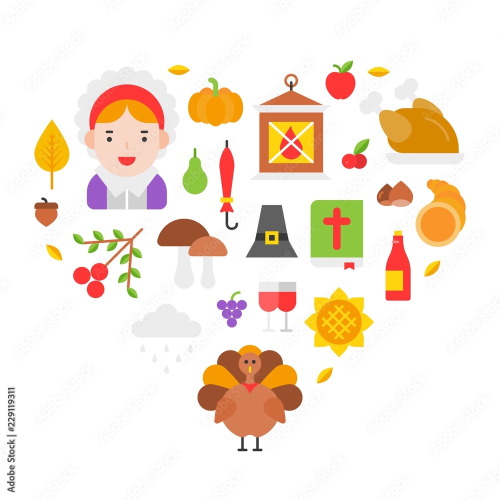 Thanksgiving icon arrange as heart shape for use as cover,background,wallpaper,backdrop