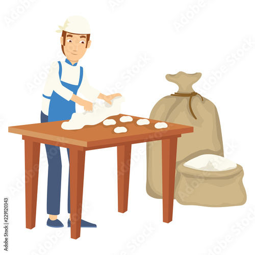 A baker mix the ingredients of bread before cooked