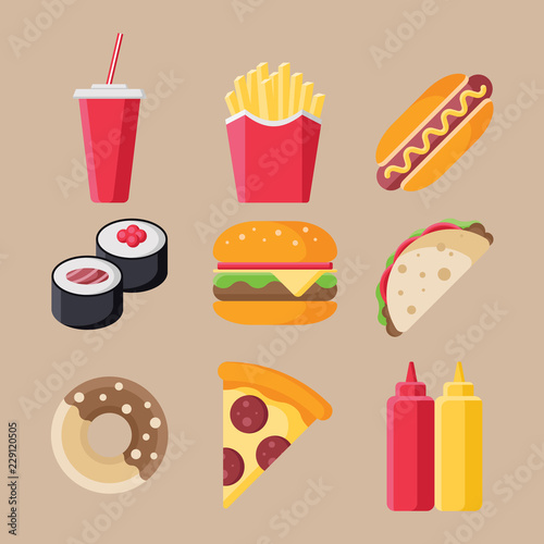 Set of fast food flat icons isolated on beige background. Collection of hamburger, cup, hot dog, sushi, taco, pizza, donut, ketchup and mustard sign symbols in flat style.