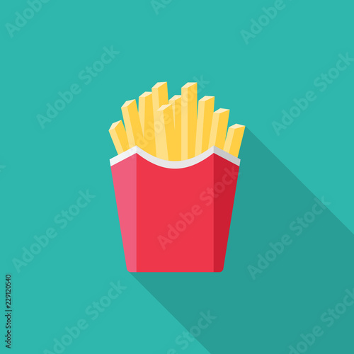 French fries flat icon with long shadow isolated on blue background. Simple French fries in flat style, vector illustration for web and mobile design. Fast food elements vector sign symbol.