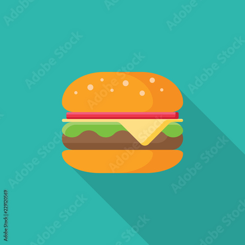 Hamburger flat icon with long shadow isolated on blue background. Simple Hamburger in flat style, vector illustration for web and mobile design. Fast food elements vector sign symbol.