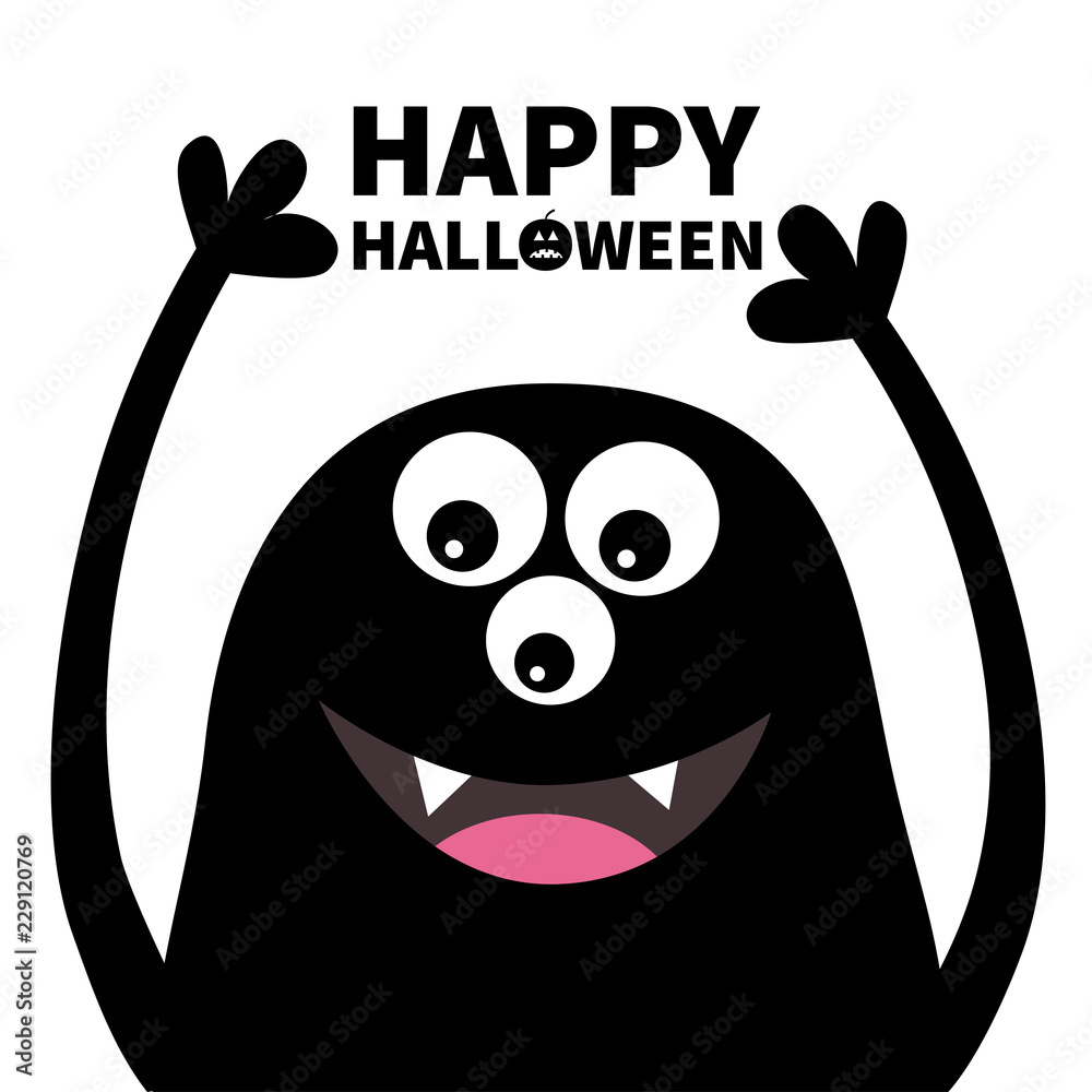 Happy Halloween. Smiling monster head silhouette. Thtee eyes, teeth, tongue, hands up. Black Funny Cute cartoon character. Baby collection. Flat design. White background. Stock Vector | Adobe Stock Happy Halloween. Smiling monster head silhouette. Thtee eyes, teeth, tongue, hands up. Black Funny Cute cartoon character. Baby collection. Flat design. White background. Stock Vector | Adobe Stock