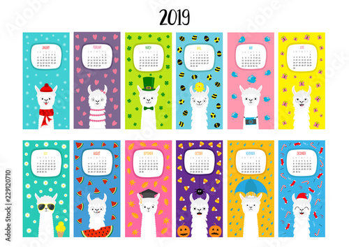 Llama alpaca calendar 2019. Vertical monthly. Cute funny cartoon character set. All month. Happy Valentines Christmas St Patrick day Easter Egg Bird Chicken Umbrella, rain. Santa hat, sun Flat design