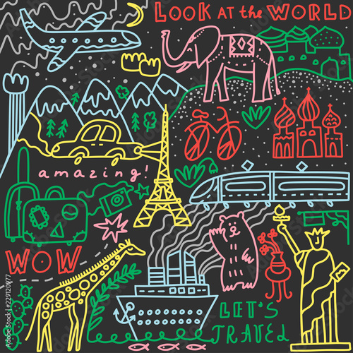 Travel set with lettering. Hand drawn vector illustration. Doodle style. Popular world symbols of tourism and traveling