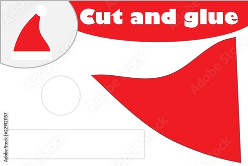 Christmas santa claus hat, education game for the development of preschool children, use scissors and glue to create the applique, cut parts of the image and glue on the paper, vector illustration
