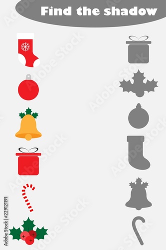 Find the shadow game with christmas pictures for children, education matching game for kids, preschool worksheet activity, task for the development of logical thinking, vector illustration