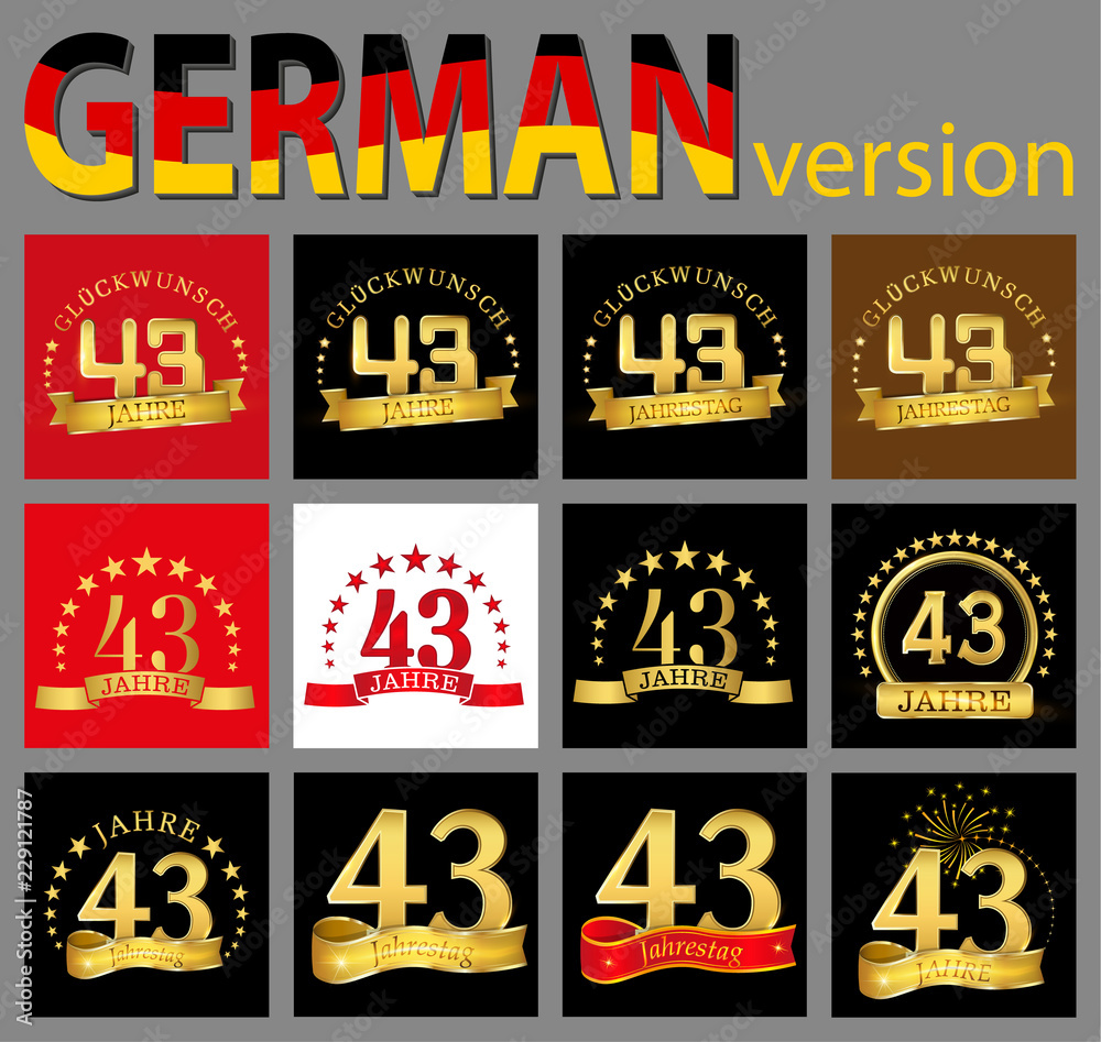 Set of number forty-three (43 years) celebration design. Anniversary golden number template elements for your birthday party. Translated from the German - congratulation, years, anniversary.