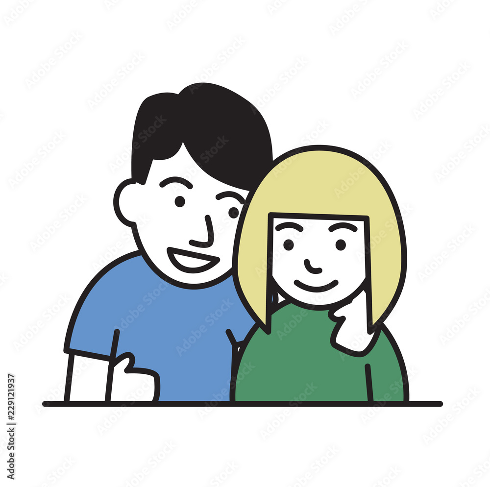 Young couple. Boy resting his hand on girl's shoulder. Cartoon design icon. Colorful flat vector illustration. Isolated on white background.