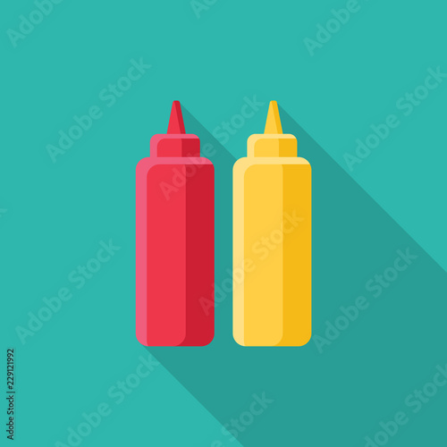 ketchup and mustard flat icon with long shadow isolated on blue background. Simple ketchup and mustard in flat style, vector illustration for web and mobile design. Fast food elements vector sign