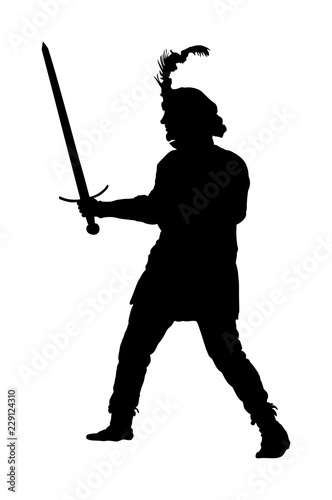 Knight in armor with sword vector silhouette isolated on white. Medieval fighter in battle. Hero keeps castle walls. Armed man defends honor of his family and people. Defend country against enemy.
