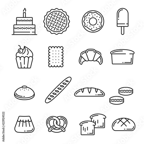 Vector bread and pastry bakery lineart icons