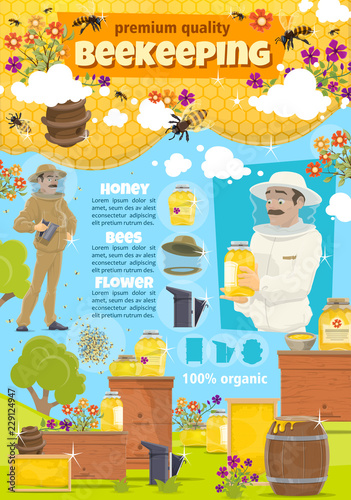 Beekeeping apiary farm and beekeeper, vector