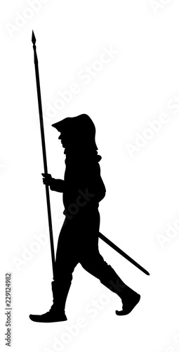 Knight in armor with spear, sword and shield vector silhouette isolated. Medieval fighter in battle. Hero keeps castle walls. Armed man defends honor of his family. Defend country against enemy.