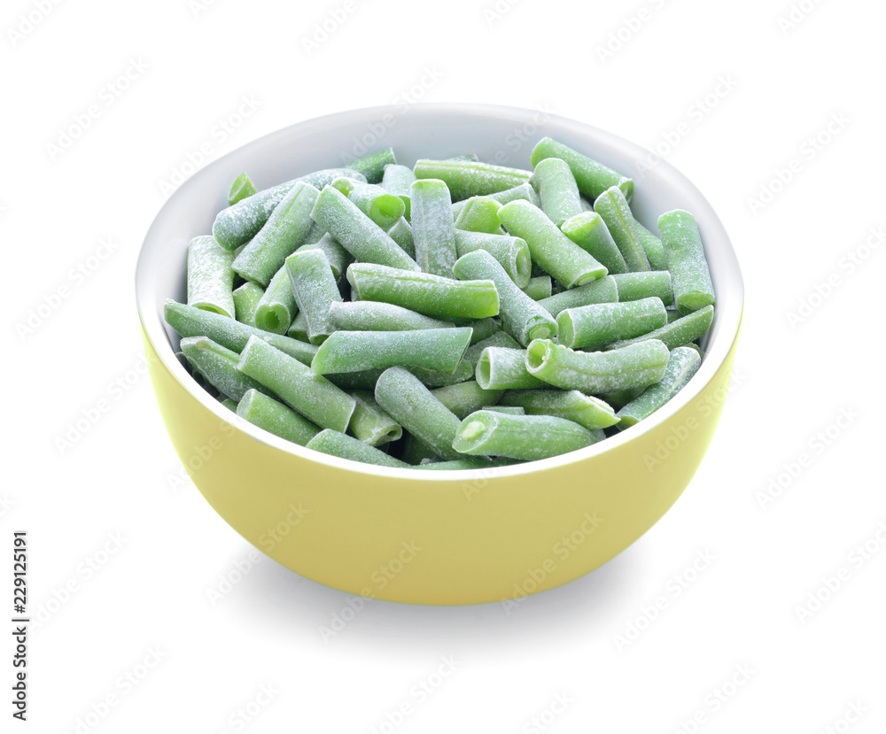 Bowl with frozen green beans on white background Bowl with frozen green beans on white background