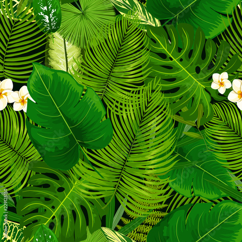 Tropical exotic plants, flowers seamless pattern