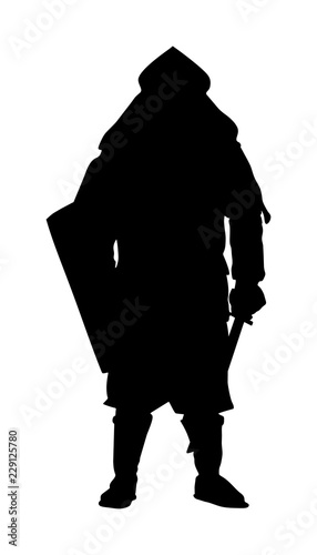 Knight in armor with sword and shield vector silhouette isolated. Medieval fighter in battle. Hero keeps castle walls. Armed man defends honor of his family and people. Defend country against enemy.