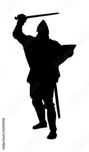 Knight in armor with sword and shield vector silhouette isolated. Medieval fighter in battle. Hero keeps castle walls. Armed man defends honor of his family and people. Defend country against enemy.