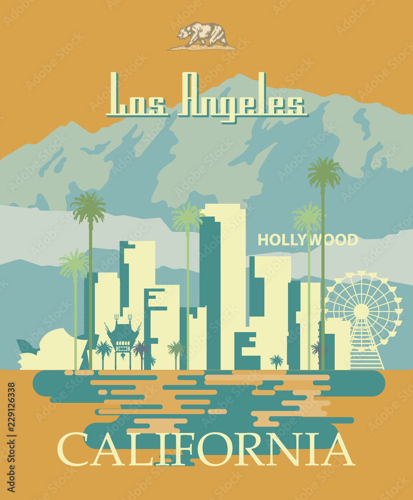 Obraz premium Szablon miasta wektor Los Angeles. Plakat Kalifornii w kolorowym stylu płaski.
