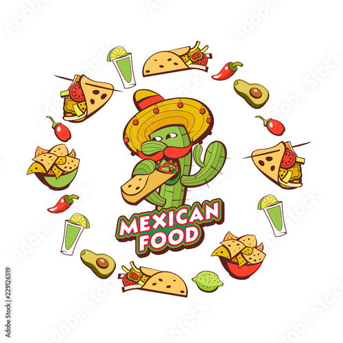 A set of popular Mexican fast food dishes. Vector illustration in cartoon style.