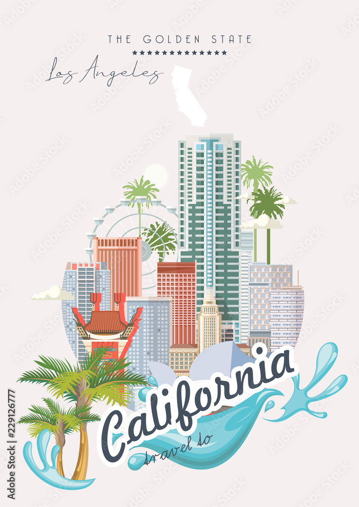 Obraz premium Szablon miasta wektor Los Angeles. Plakat Kalifornii w kolorowym stylu płaski.