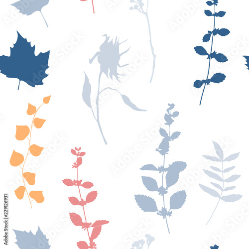 Botanical floral vector seamless pattern with hand drawn herbs, plants, flowe...