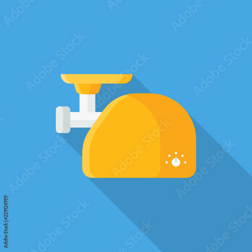 Electric meat grinder flat icon with long shadow isolated on blue background. Simple meat grinder sign symbol in flat style. Kitchen Appliances Vector illustration for web and mobile design.