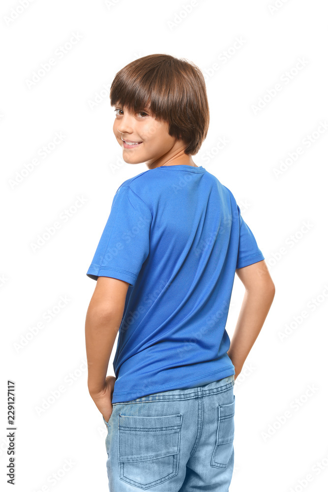 Smiling little boy in t-shirt on white background Smiling little boy in t-shirt on white background