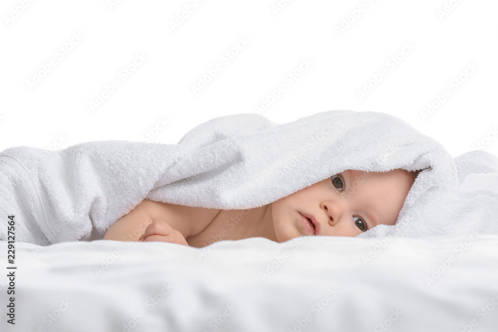 Cute little baby with soft towel on white background Cute little baby with soft towel on white background