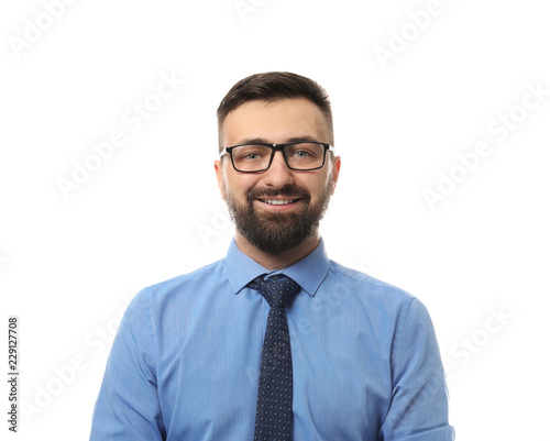Smiling businessman on white background
