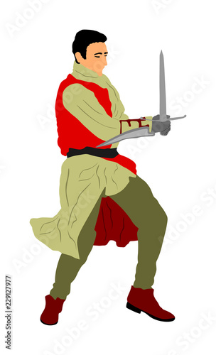 Knight in armor with sword vector illustration isolated on white. Medieval fighter in battle. Hero keeps castle walls. Armed man defends honor of his family and people. Defend country against enemy.