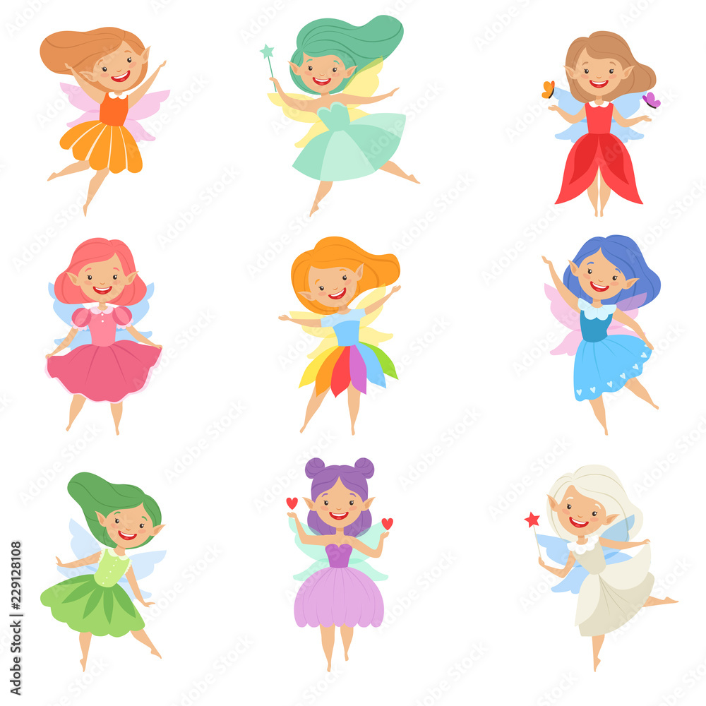 Cute beautiful little winged fairies, lovely girls with hair and dress of different colors vector Illustration on a white background