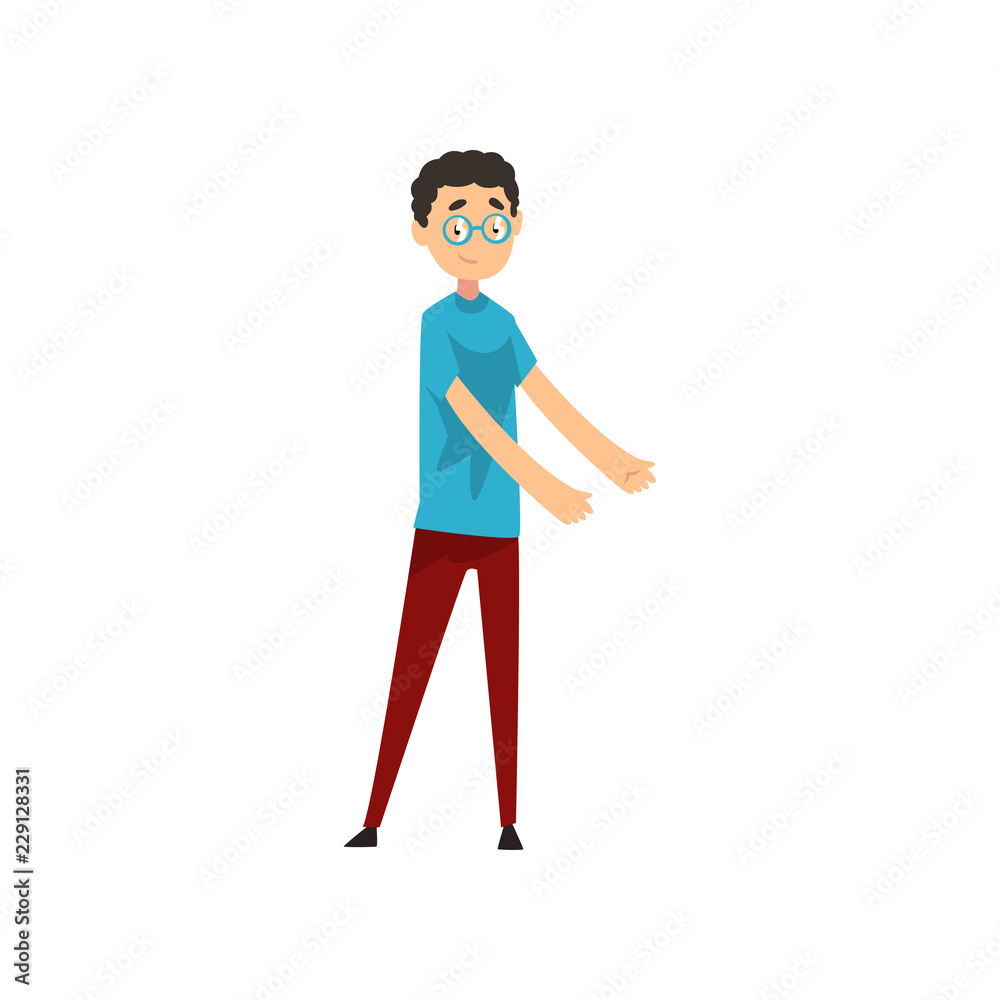 Young man pointing his hands to the side, male seller character vector Illustration on a white background Young man pointing his hands to the side, male seller character vector Illustration on a white background