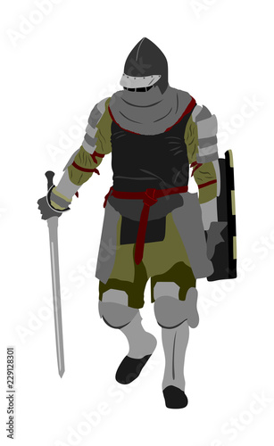 Knight in armor with sword and shield vector illustration isolated. Medieval fighter in battle. Hero keeps castle walls. Armed man defends honor of his family and people. Defend country against enemy.