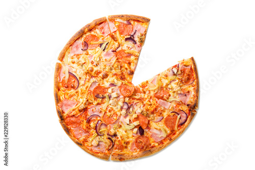 Fresh tasty pizza with tomatoes, pepperoni, cheese, sausage and mushrooms without one slice isolated on white background. Top view