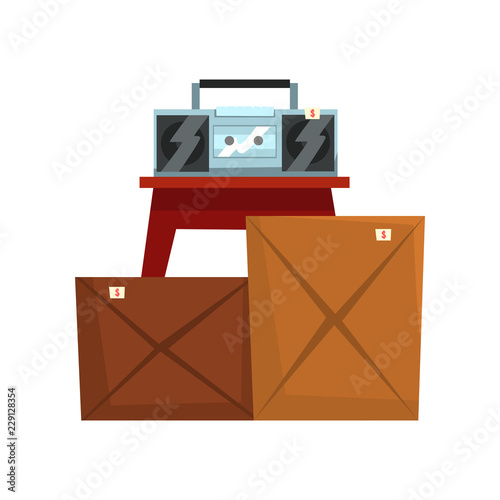 Old unnecessary things, cardboard boxes with old stuff, retro boombox, garage sale vector Illustration on a white background