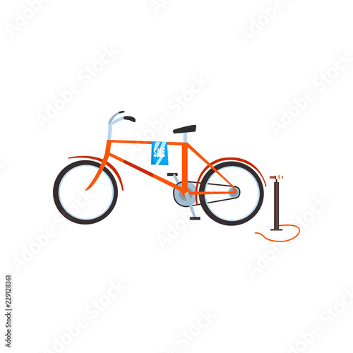 Retro bike and pump, old unnecessary things, garage sale vector Illustration on a white background