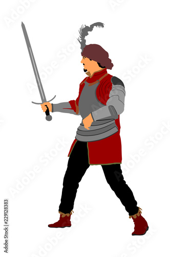 Knight in armor with sword vector illustration isolated on white. Medieval fighter in battle. Hero keeps castle walls. Armed man defends honor of his family and people. Defend country against enemy.
