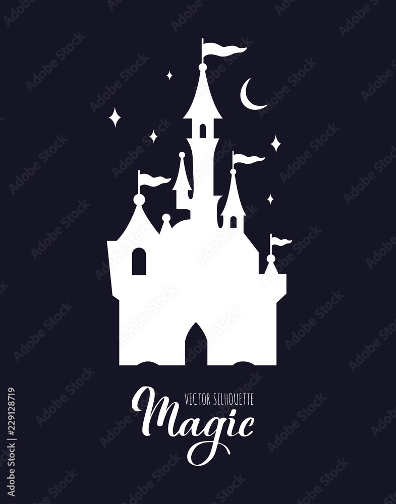 Fairy tale medieval Castle silhouette witn night starry sky