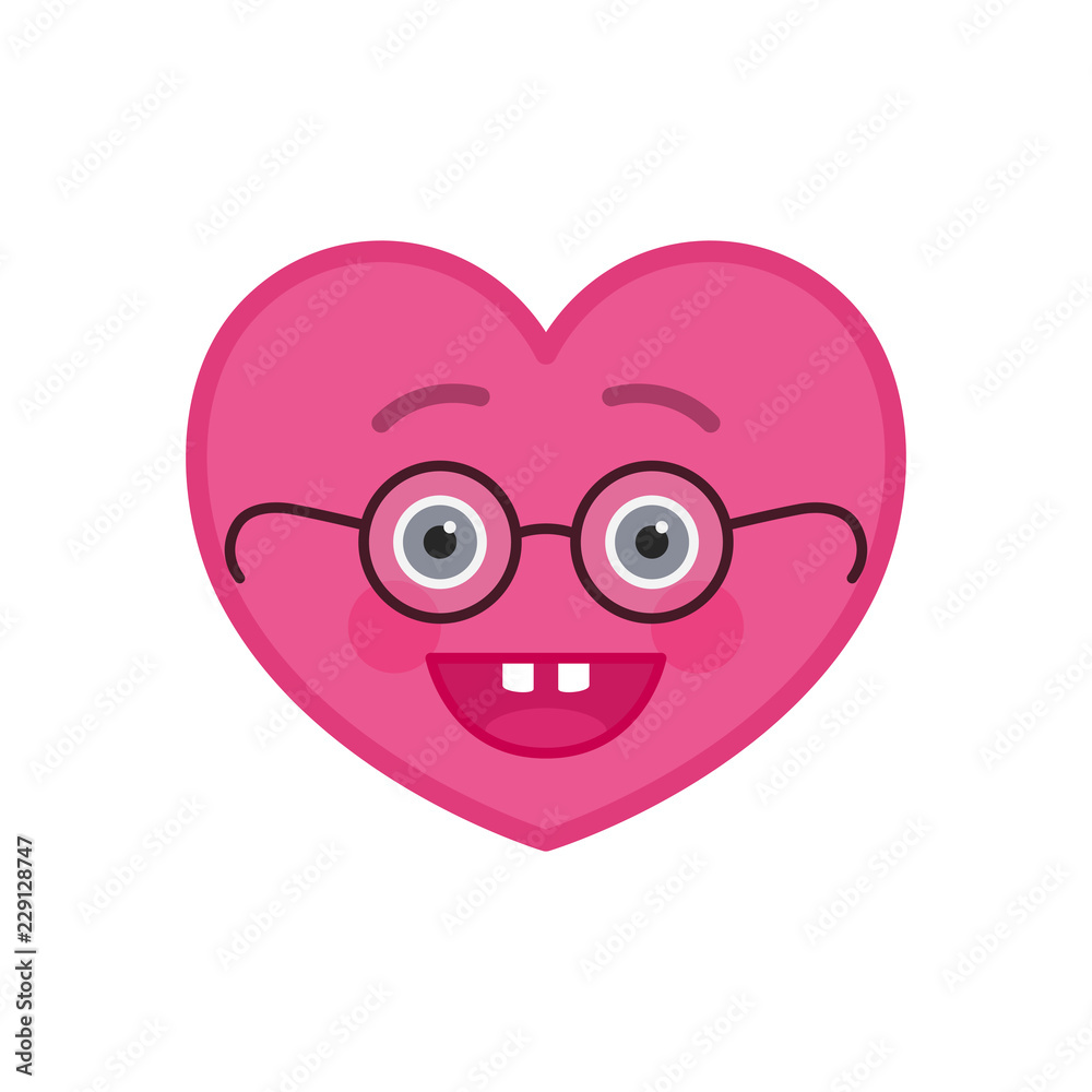 Egghead heart shaped funny emoticon icon. Wiseacre pink emoji in glasses. Social communication and online chatting vector element. Nerd face showing facial emotion. Valentines day mascot in flat style Egghead heart shaped funny emoticon icon. Wiseacre pink emoji in glasses. Social communication and online chatting vector element. Nerd face showing facial emotion. Valentines day mascot in flat style