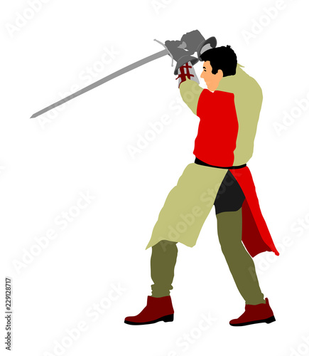 Knight in armor with sword vector illustration isolated on white. Medieval fighter in battle. Hero keeps castle walls. Armed man defends honor of his family and people. Defend country against enemy.