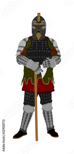 Knight in armor with helmet and ax vector isolated. Medieval fighter in battle. Hero keeps castle. Armed man defends honor of his family and people. Defend country against enemy. Hangman executioner.