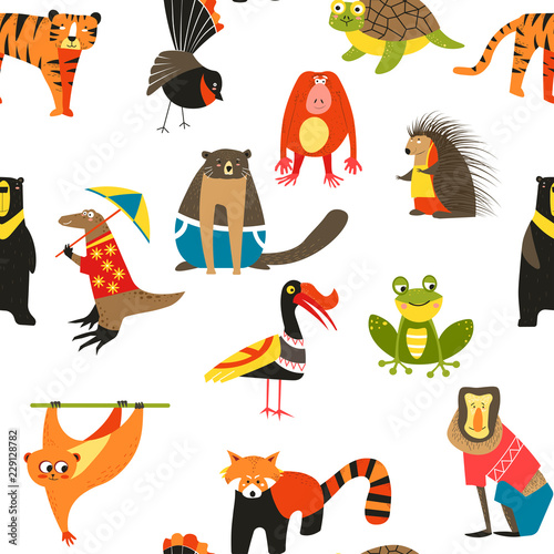 Exotic animals variety seamless pattern, lemur and hedgehog