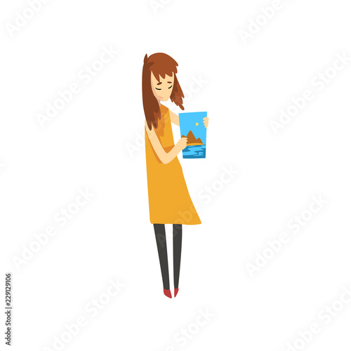 Artist holding her painting, talented female painter character, creative artistic hobby vector Illustration on a white background
